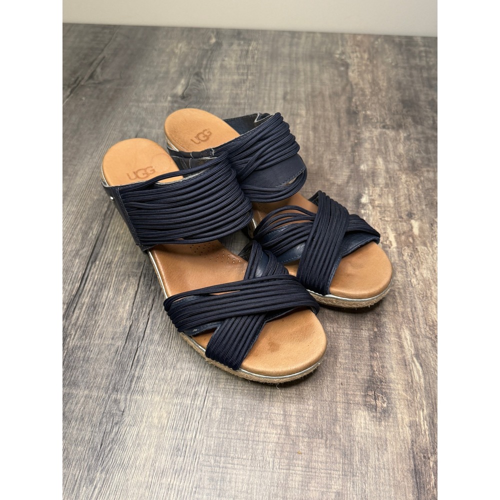 UGG Lucianna Mar Navy Blue Elastic Strap Wedge Espadrille Sandals 1012184 Size 8